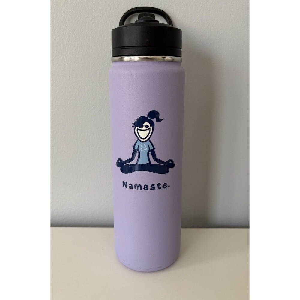 Life Is Good 24 oz Stainless Steel Tumbler Flip Straw Purple NAMASTE Yoga